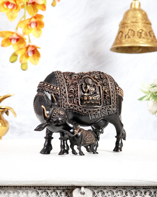 Brass Superfine Kamdhenu Cow with Calf Idol – Ganesh Lakshmi Carvings Black Finish 6" - Budhshiv.com