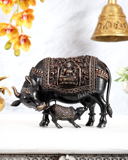 Brass Superfine Kamdhenu Cow with Calf Idol – Ganesh Lakshmi Carvings Black Finish 6" - Budhshiv.com