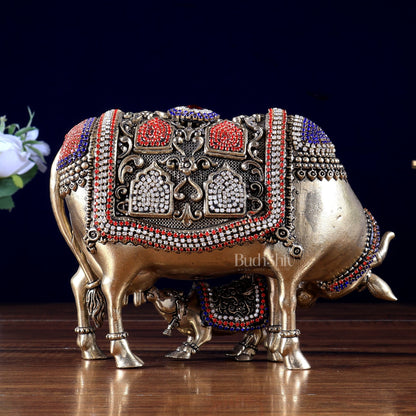 Brass Superfine Kamdhenu Cow with Calf Idol – Jewellers Work Detailing - Budhshiv.com