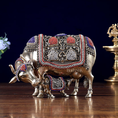 Brass Superfine Kamdhenu Cow with Calf Idol – Jewellers Work Detailing - Budhshiv.com