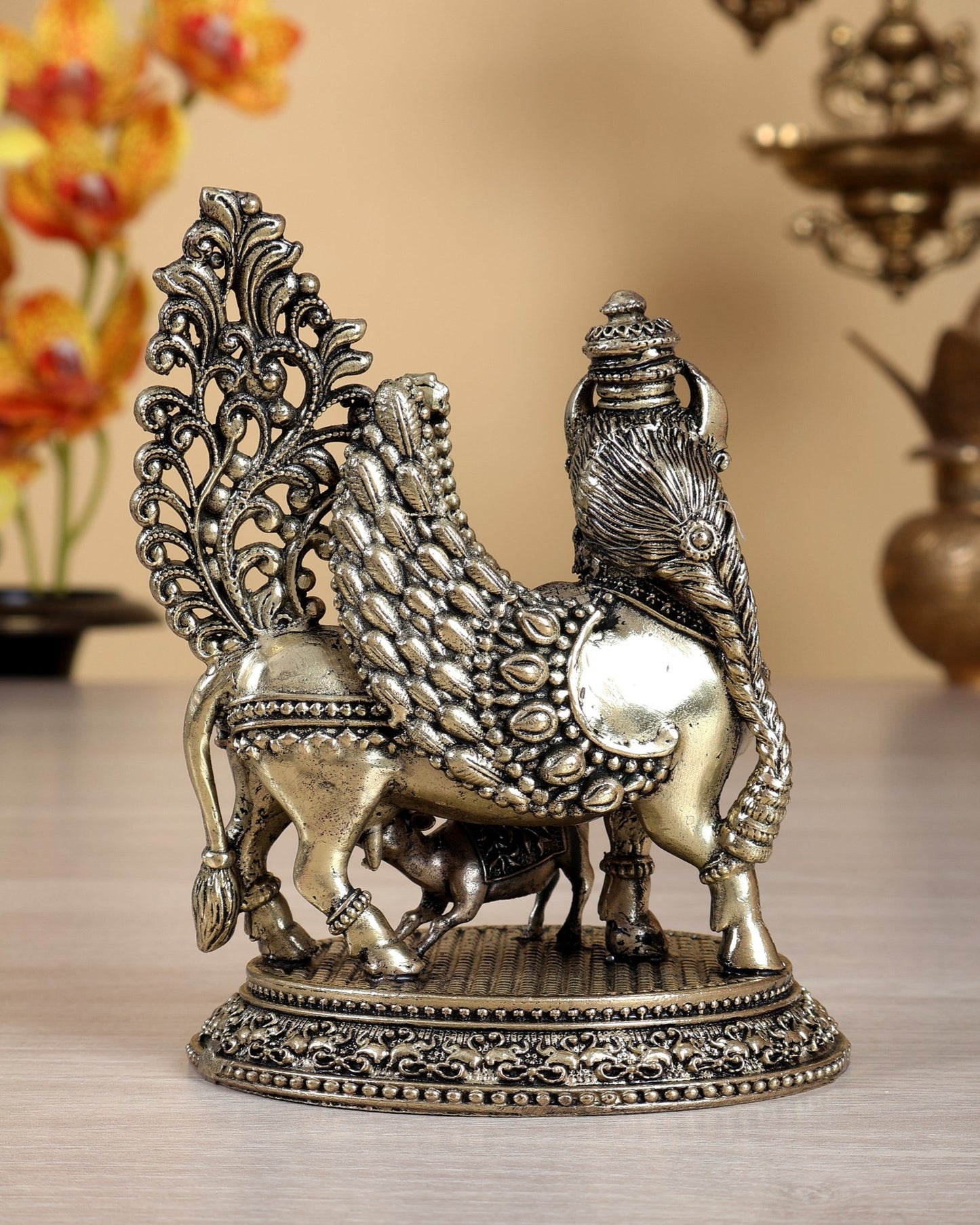 Brass Superfine Kamdhenu Cow with Calf Idol (Mother Face & Wings) 5 inch - Budhshiv.com