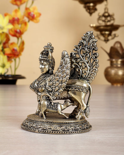 Brass Superfine Kamdhenu Cow with Calf Idol (Mother Face & Wings) 5 inch - Budhshiv.com