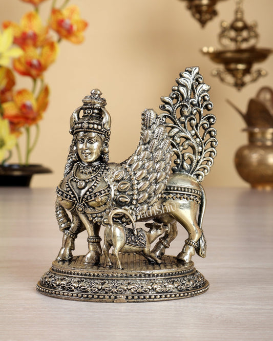 Brass Superfine Kamdhenu Cow with Calf Idol (Mother Face & Wings) 5 inch - Budhshiv.com