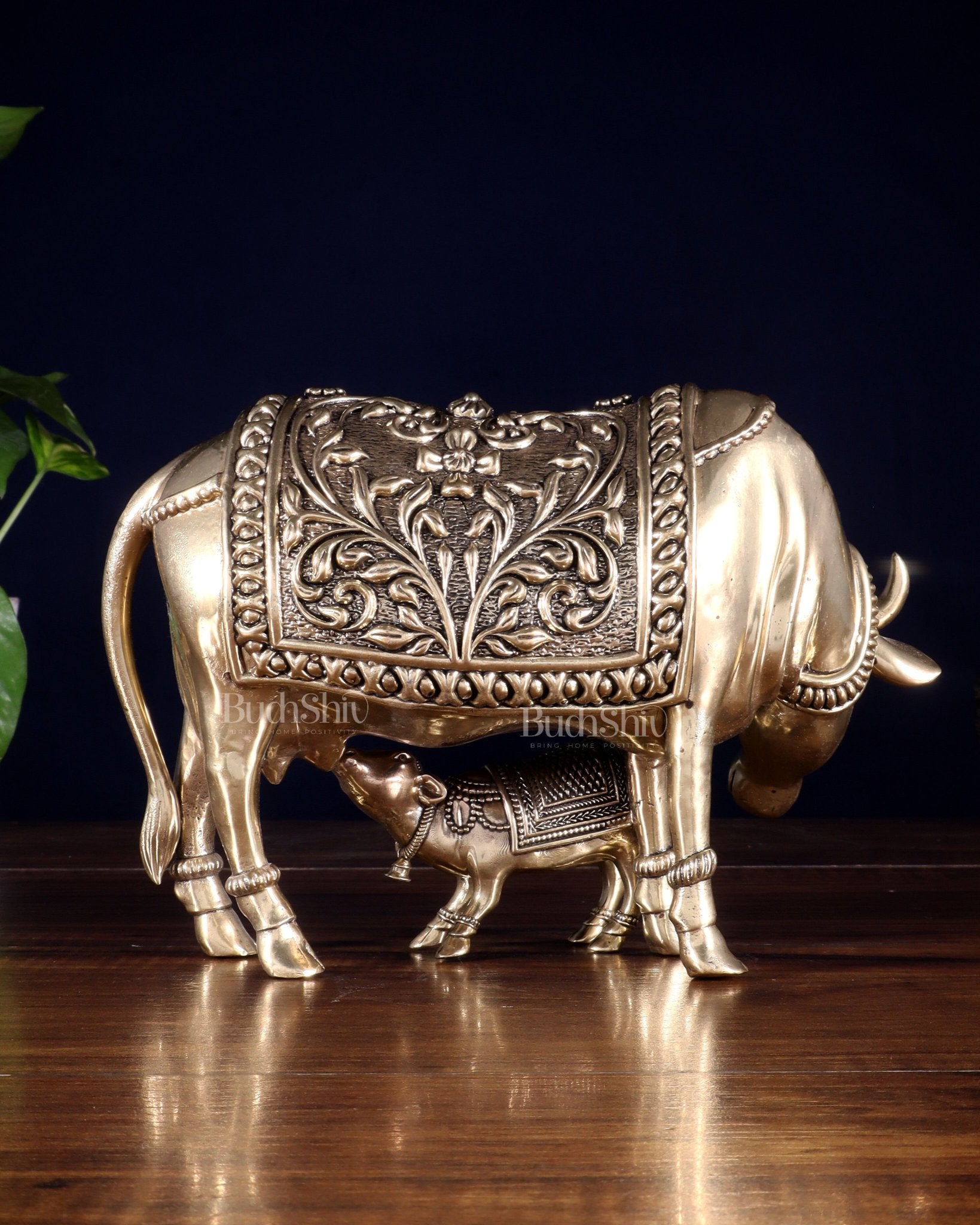 Brass Superfine Kamdhenu Cow with Calf – Intricate Hollow - Casted Idol 8 inch - Budhshiv.com