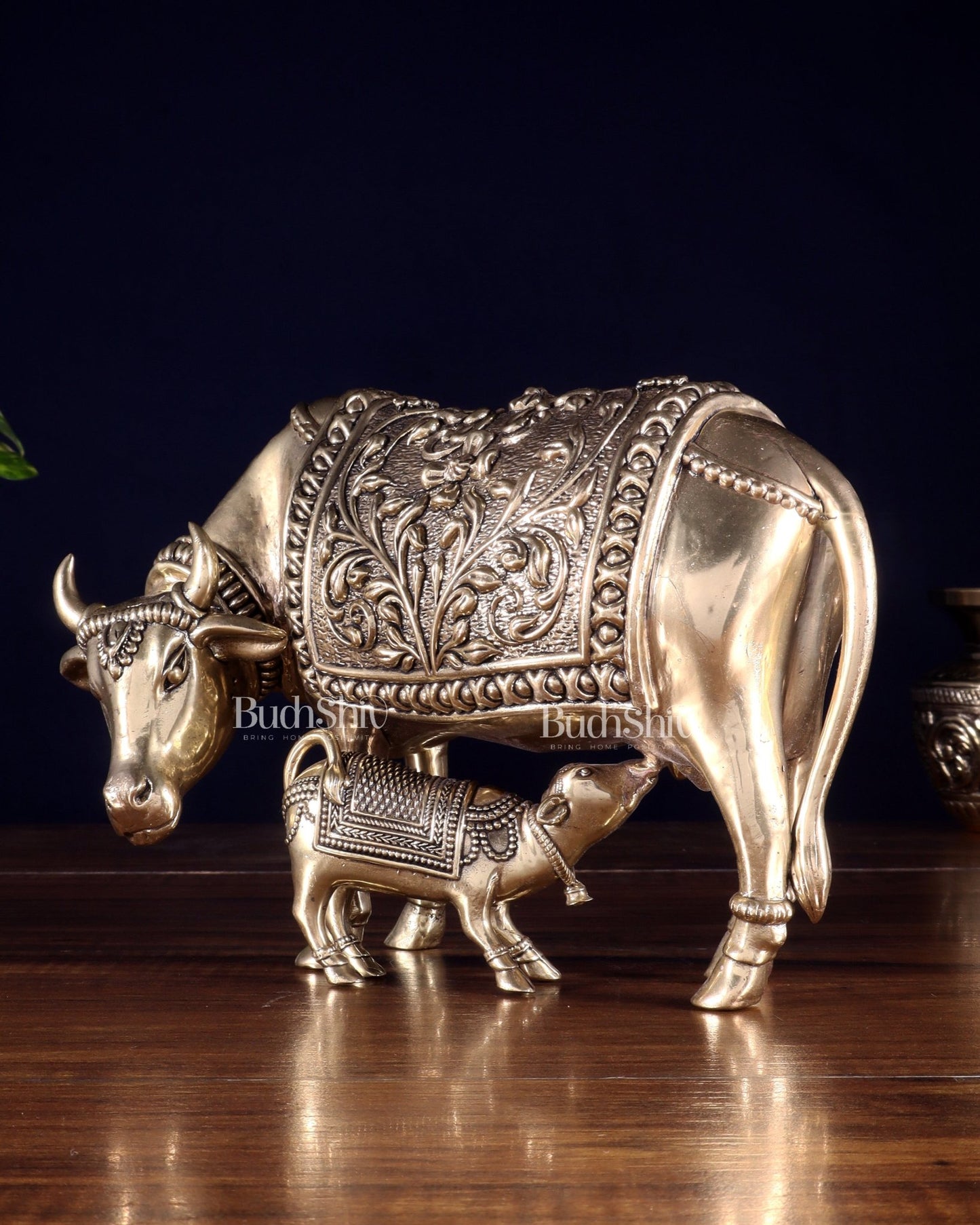 Brass Superfine Kamdhenu Cow with Calf – Intricate Hollow - Casted Idol 8 inch - Budhshiv.com