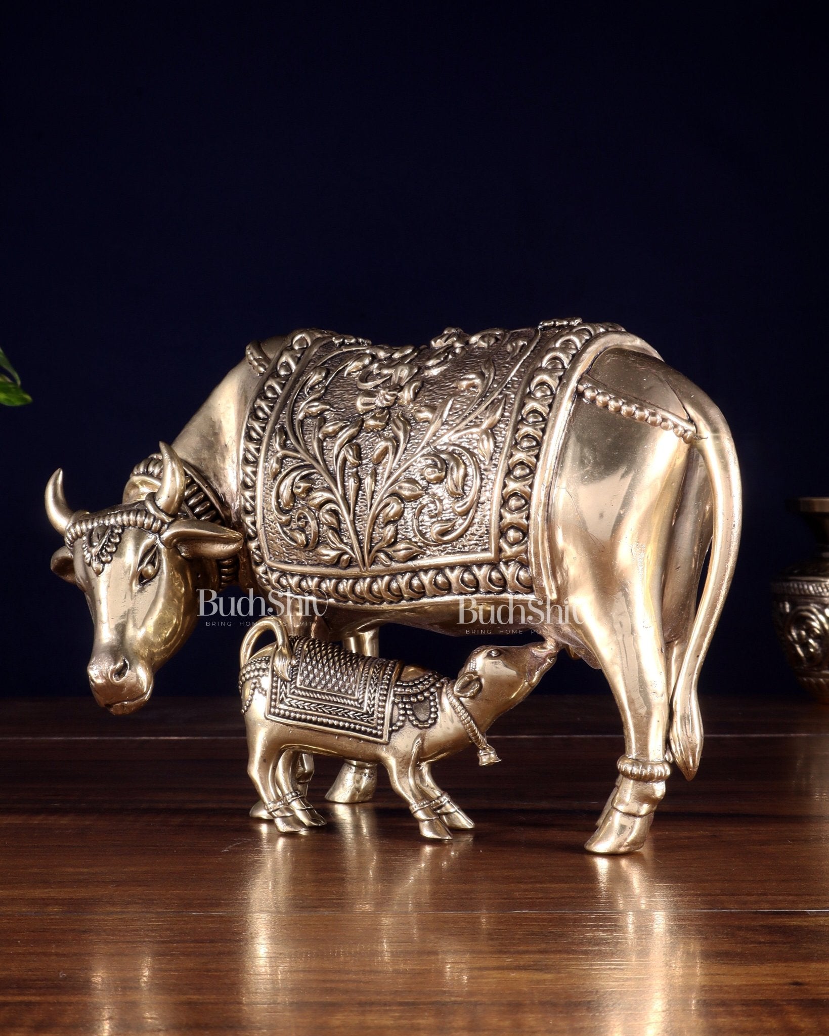 Brass Superfine Kamdhenu Cow with Calf – Intricate Hollow - Casted Idol 8 inch - Budhshiv.com