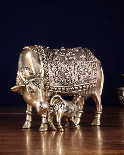 Brass Superfine Kamdhenu Cow with Calf – Intricate Hollow - Casted Idol 8 inch - Budhshiv.com