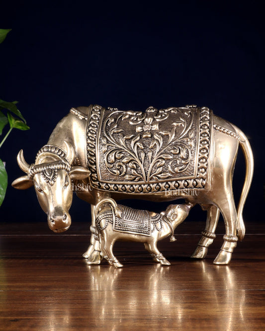 Brass Superfine Kamdhenu Cow with Calf – Intricate Hollow - Casted Idol 8 inch - Budhshiv.com