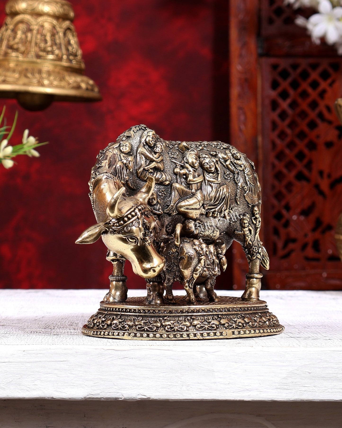 Brass Superfine Kamdhenu Cow with Calf | Radha Krishna Gopis & Kadamba Tree Engraved | Pure Brass Idol 6 inch - Budhshiv.com