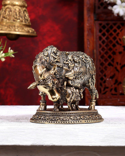 Brass Superfine Kamdhenu Cow with Calf | Radha Krishna Gopis & Kadamba Tree Engraved | Pure Brass Idol 6 inch - Budhshiv.com