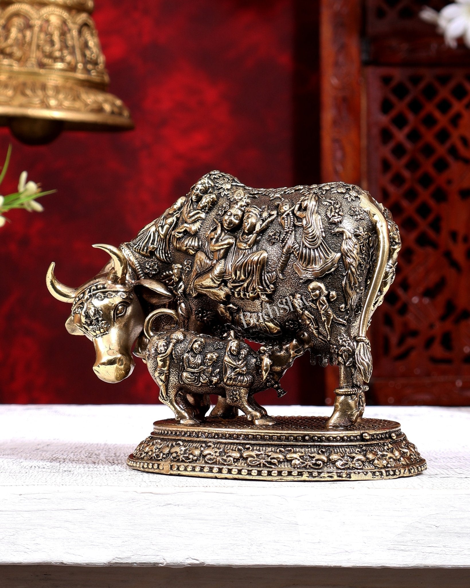 Brass Superfine Kamdhenu Cow with Calf | Radha Krishna Gopis & Kadamba Tree Engraved | Pure Brass Idol 6 inch - Budhshiv.com