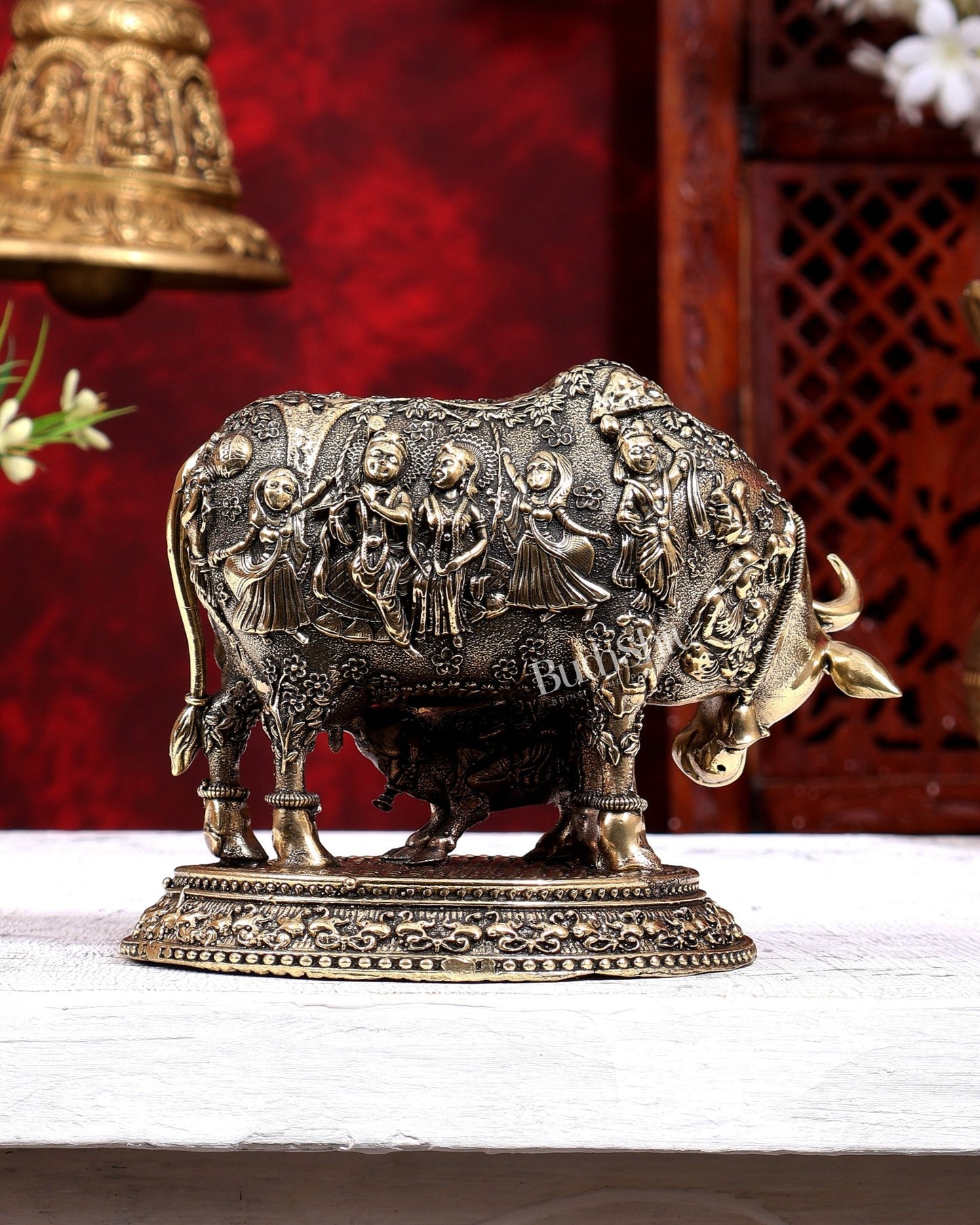 Brass Superfine Kamdhenu Cow with Calf | Radha Krishna Gopis & Kadamba Tree Engraved | Pure Brass Idol 6 inch - Budhshiv.com