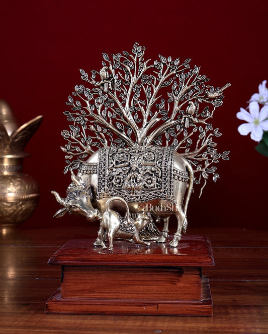 Brass Superfine Kamdhenu Cow with Calf & Tree on Wooden Base 8 inch - Budhshiv.com
