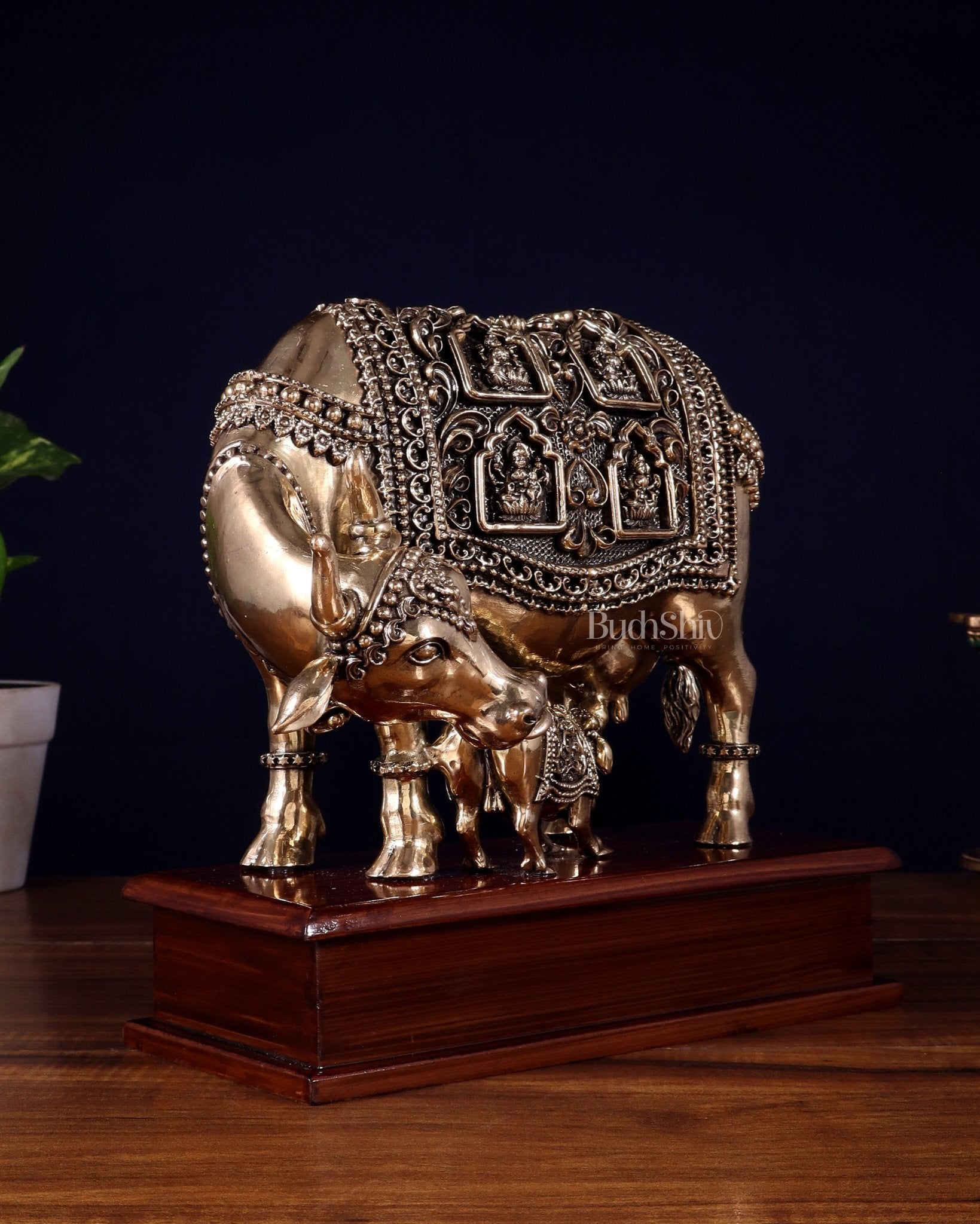 Brass Superfine Kamdhenu Cow with Calf with ashtalakshmi carvings on Wooden Base – 9.5 Inch - Budhshiv.com
