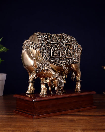 Brass Superfine Kamdhenu Cow with Calf with ashtalakshmi carvings on Wooden Base – 9.5 Inch - Budhshiv.com