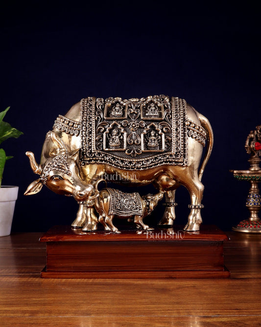 Brass Superfine Kamdhenu Cow with Calf with ashtalakshmi carvings on Wooden Base – 9.5 Inch - Budhshiv.com