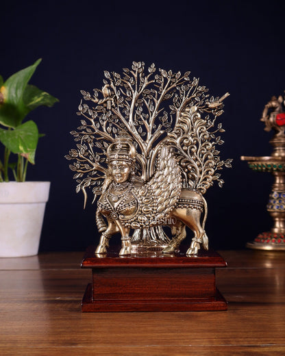 Brass Superfine Kamdhenu Cow with Goddess Face under Kalpavriksha tree on Wooden Base – 8 Inch - Budhshiv.com
