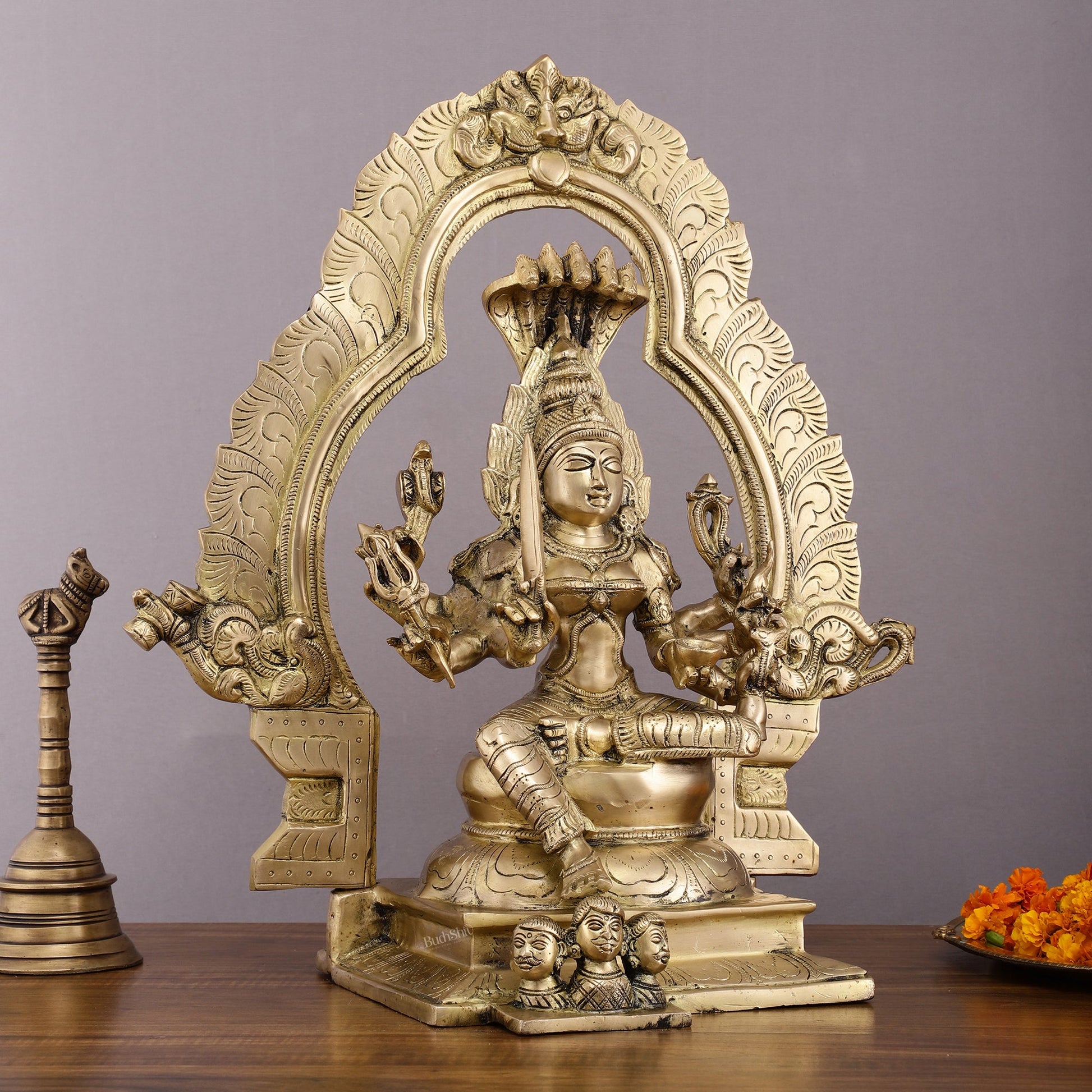 Brass Superfine Karmari Mariamman Statue with Prabhavali - 18" Height - Budhshiv.com