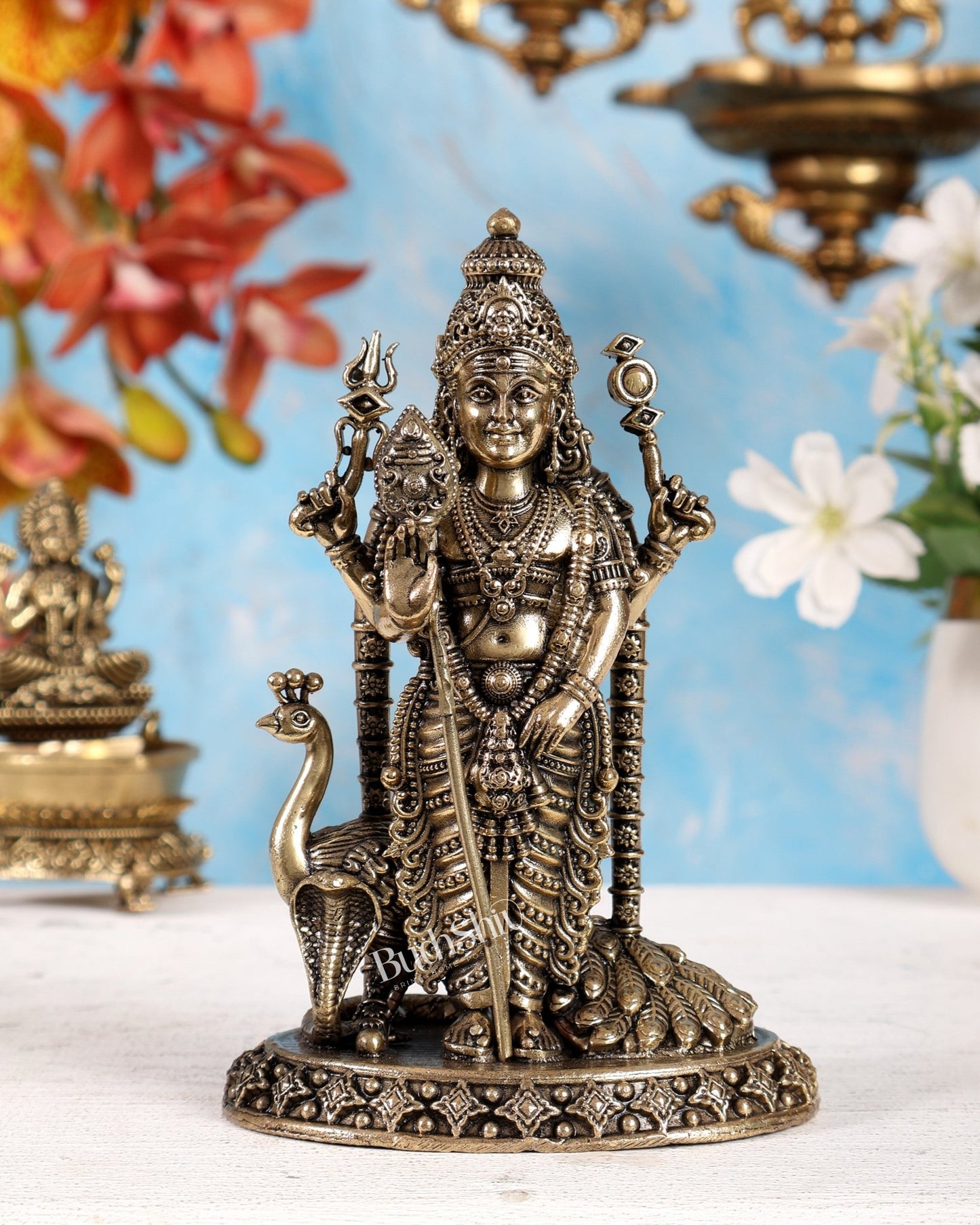 Brass Superfine Kartikeya Murugan Idol – Intricately Handcrafted 6 inch - Budhshiv.com