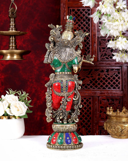 Brass Superfine Krishna idol 16 inch with stonework - Budhshiv.com