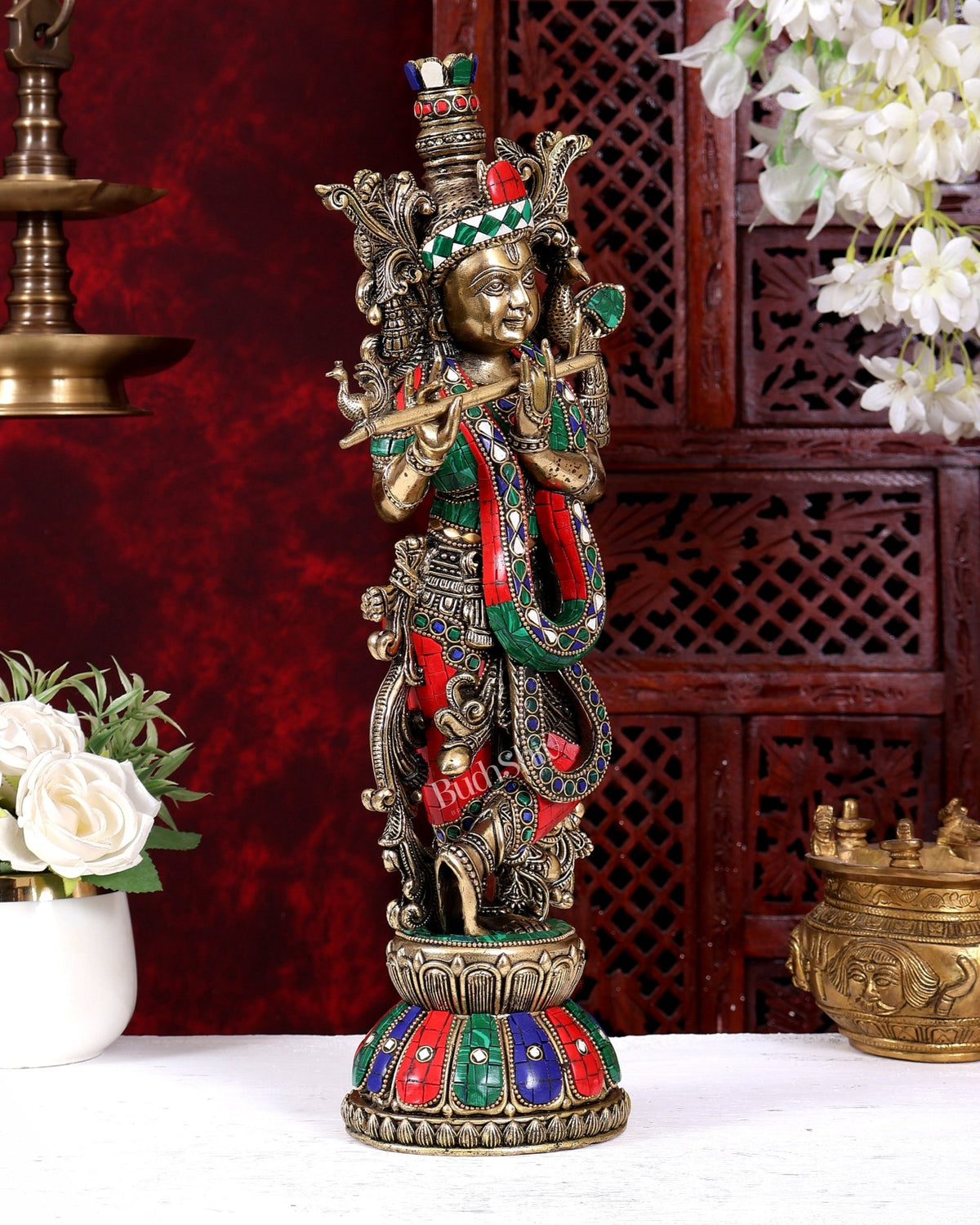 Brass Superfine Krishna idol 16 inch with stonework - Budhshiv.com