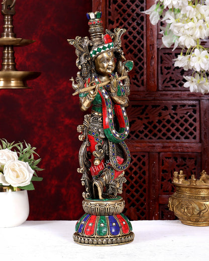 Brass Superfine Krishna idol 16 inch with stonework - Budhshiv.com