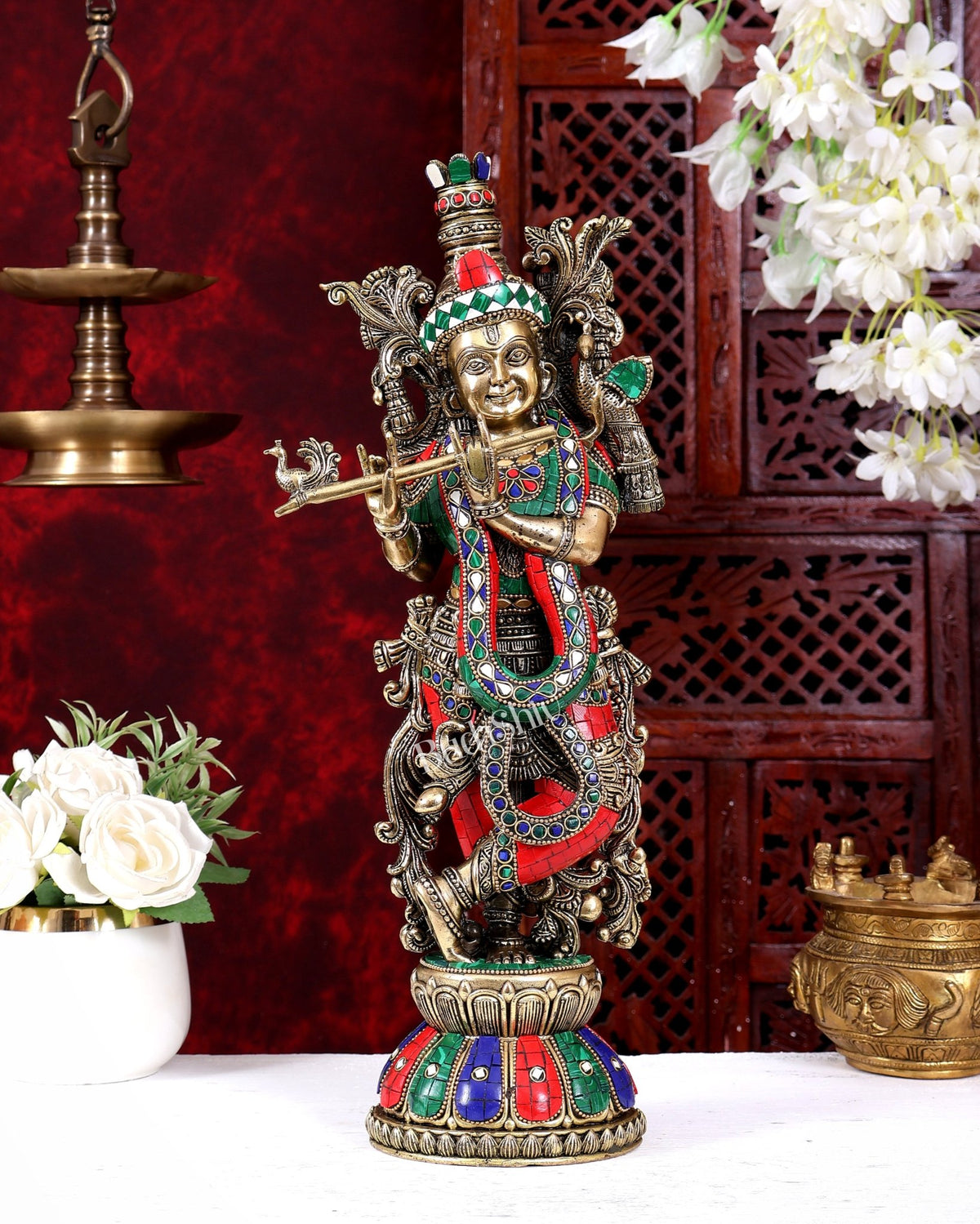 Brass Superfine Krishna idol 16 inch with stonework - Budhshiv.com