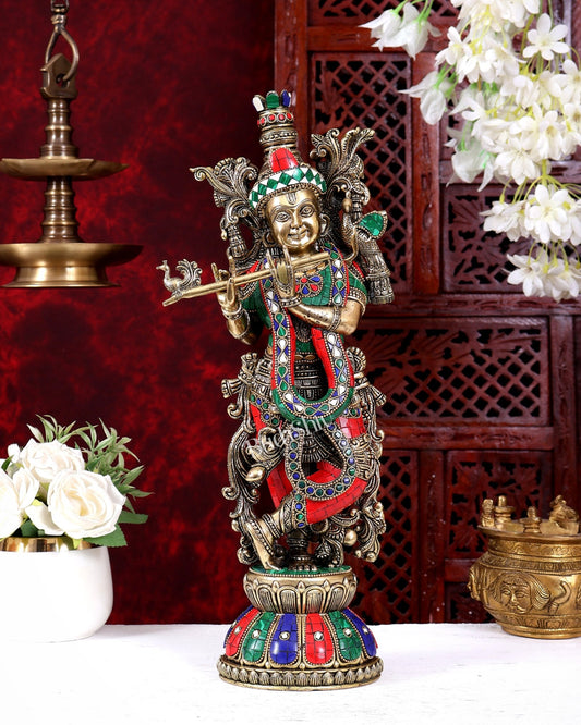 Brass Superfine Krishna idol 16 inch with stonework - Budhshiv.com