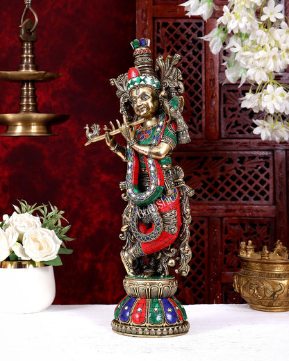 Brass Superfine Krishna idol 16 inch with stonework - Budhshiv.com