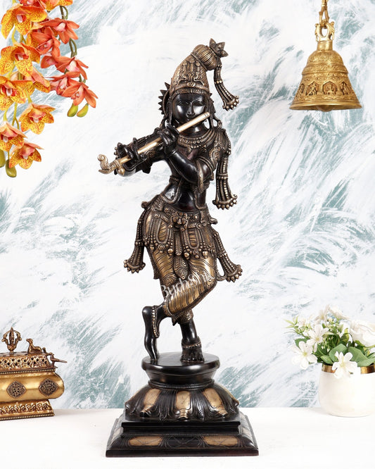 Brass Superfine Krishna Sculpture with Unique Crown 23 inch black edition - Budhshiv.com