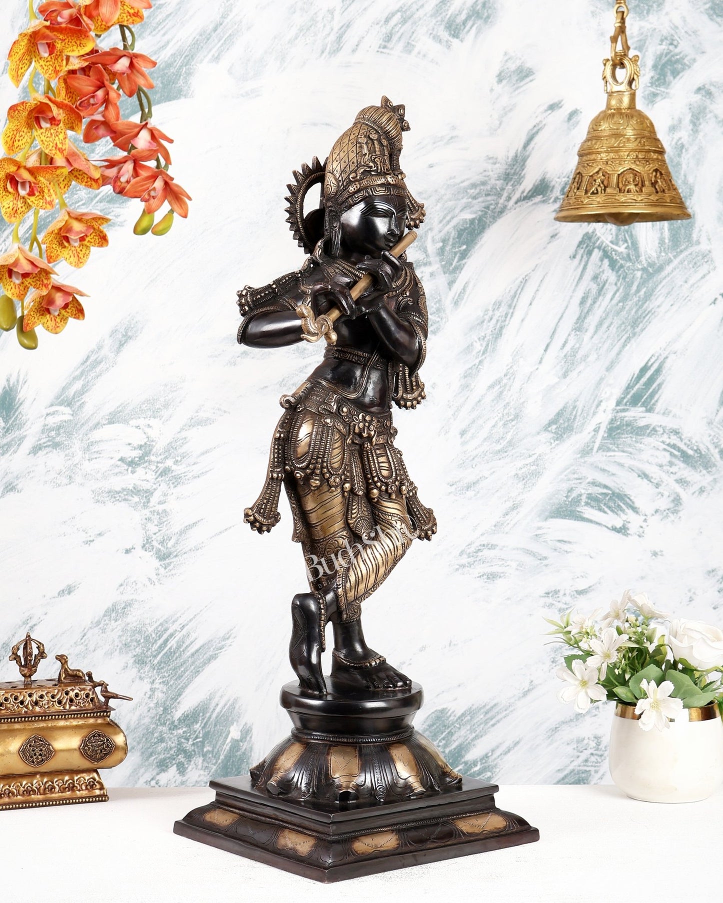 Brass Superfine Krishna Sculpture with Unique Crown 23 inch black edition - Budhshiv.com