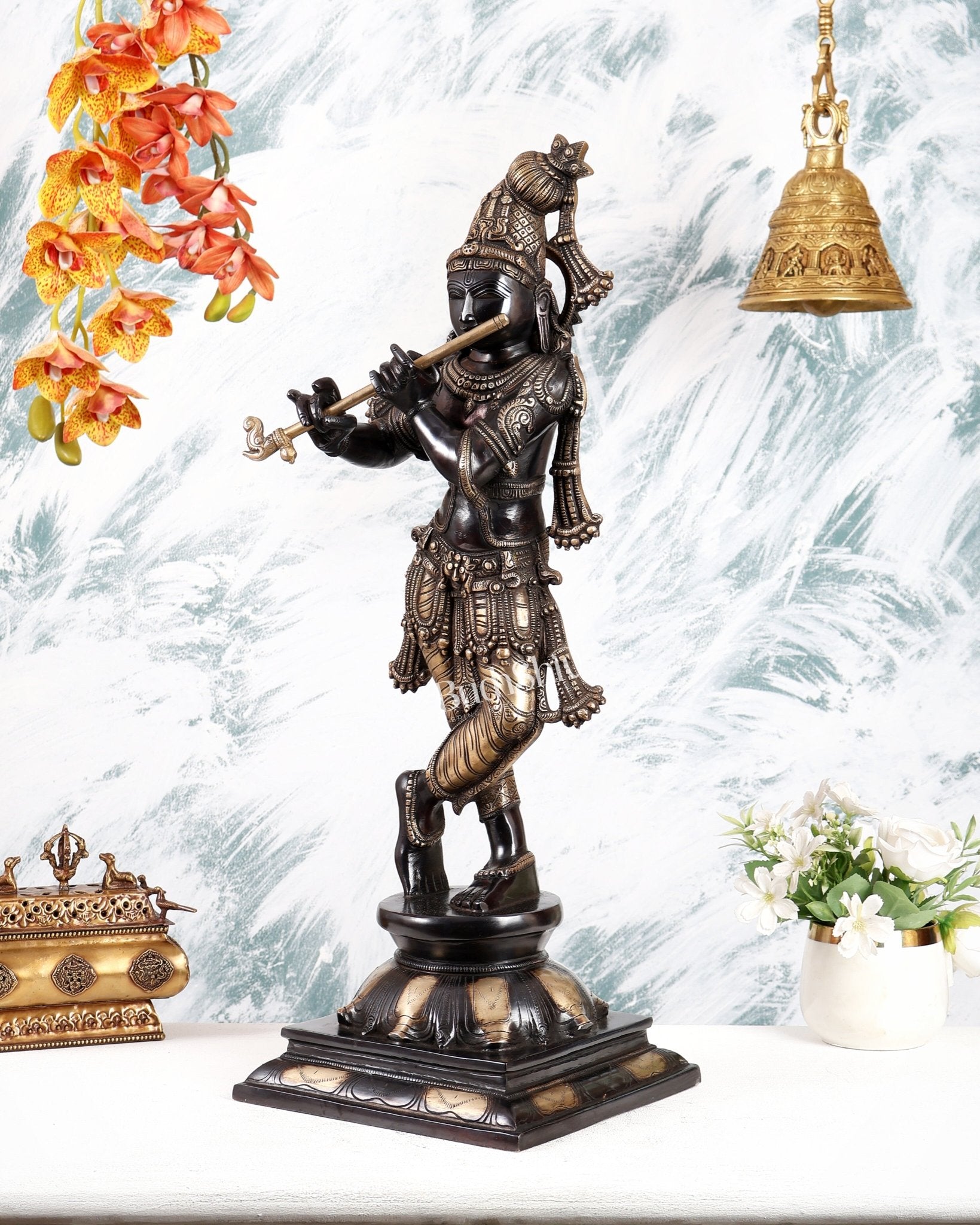 Brass Superfine Krishna Sculpture with Unique Crown 23 inch black edition - Budhshiv.com
