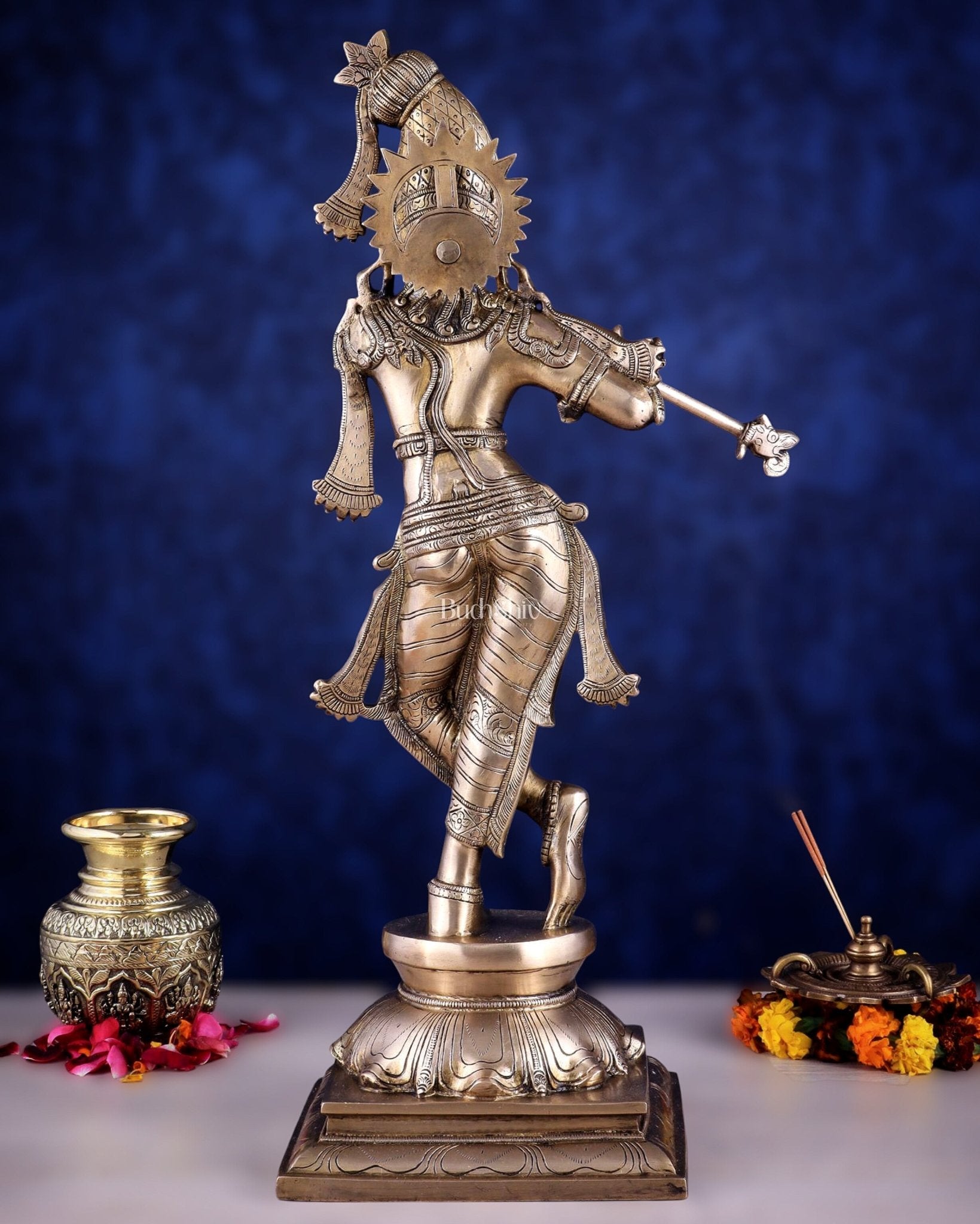 Brass Superfine Krishna Sculpture with Unique Crown & Stance - 23.5" - Budhshiv.com