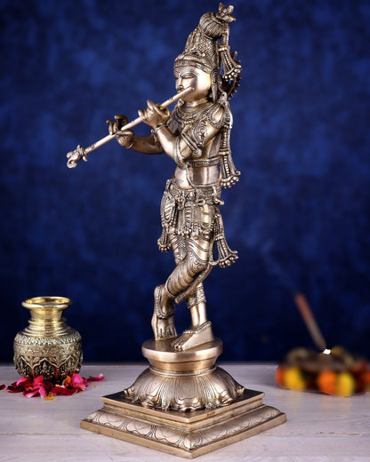 Brass Superfine Krishna Sculpture with Unique Crown & Stance - 23.5" - Budhshiv.com