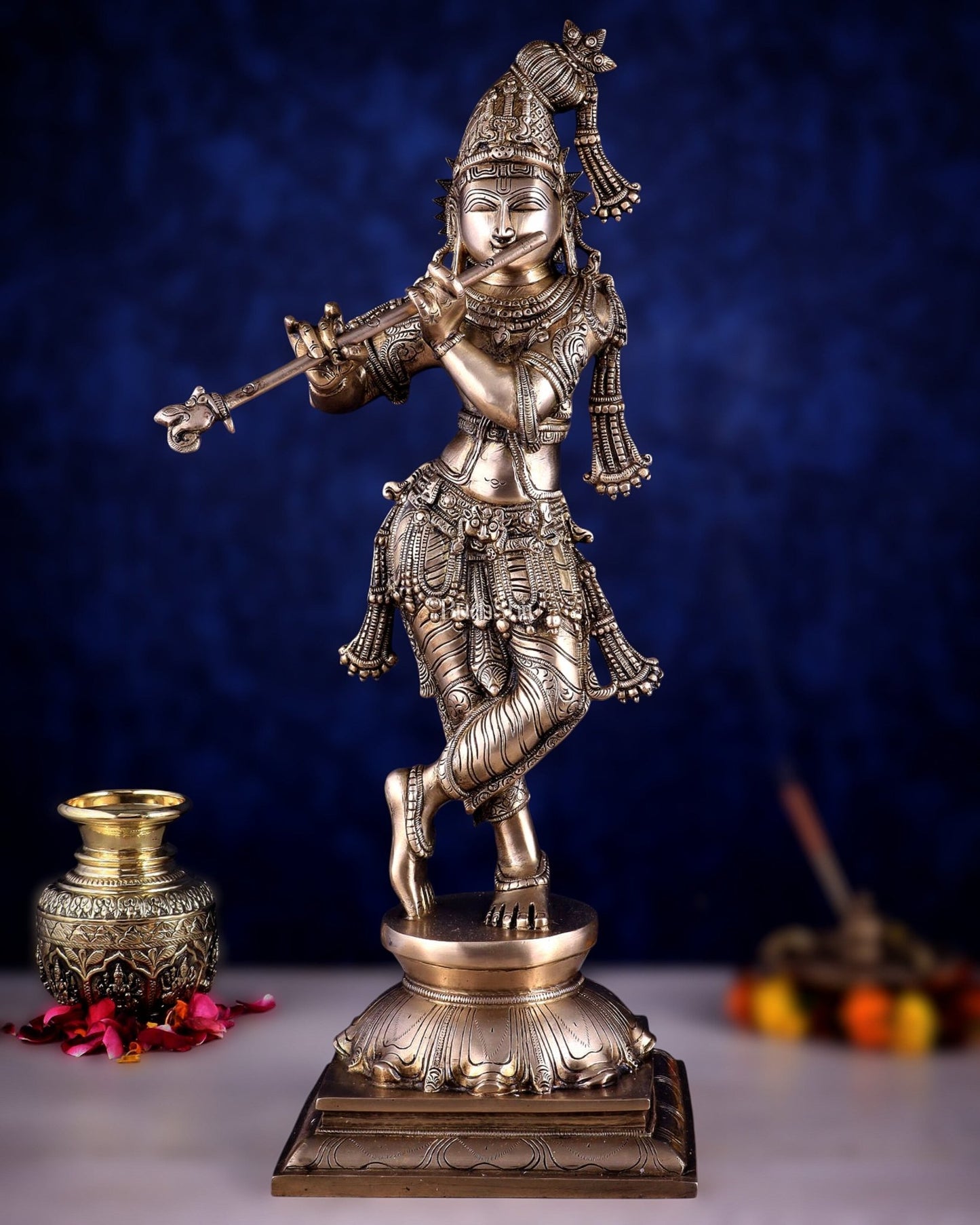 Brass Superfine Krishna Sculpture with Unique Crown & Stance - 23.5" - Budhshiv.com