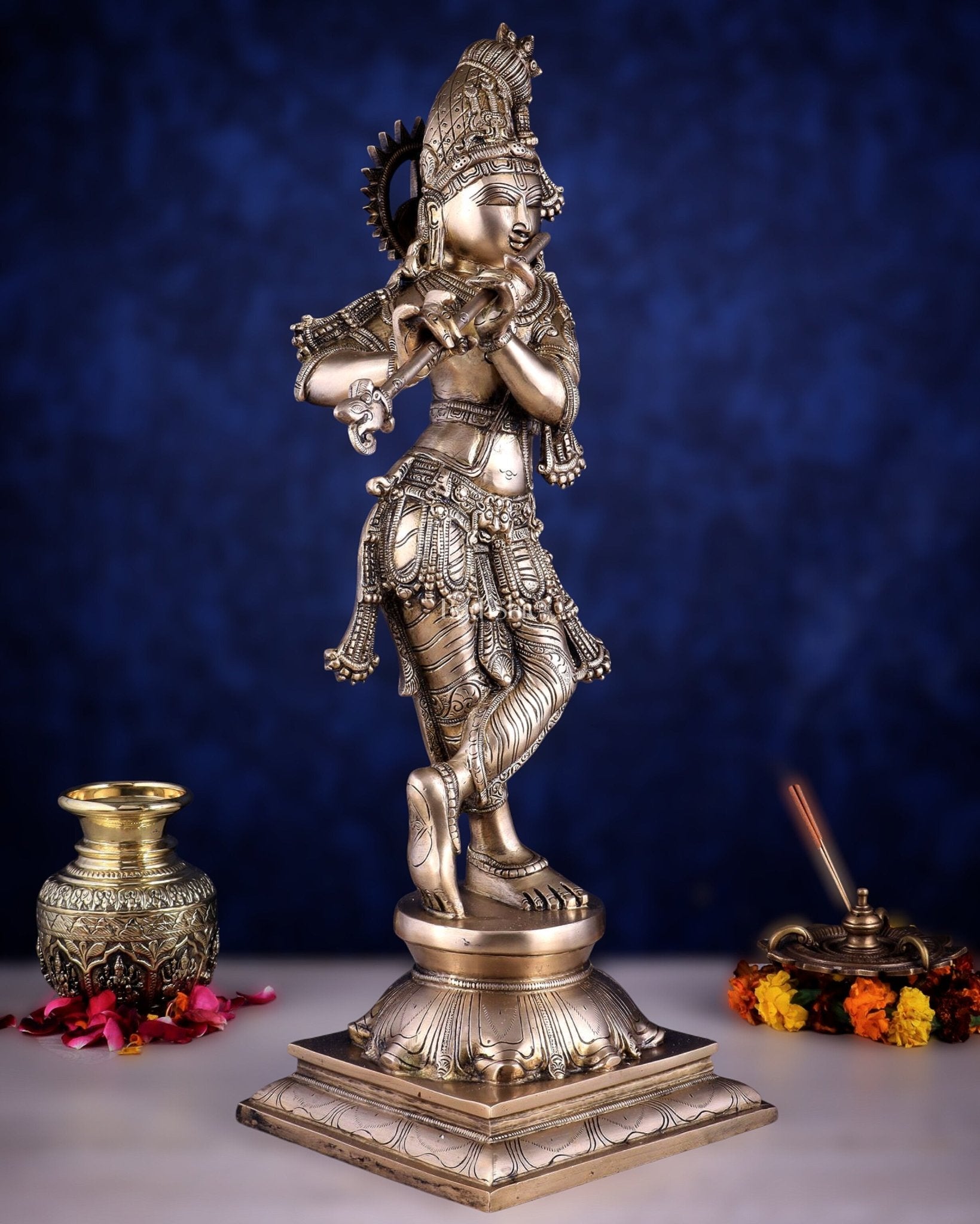 Brass Superfine Krishna Sculpture with Unique Crown & Stance - 23.5" - Budhshiv.com