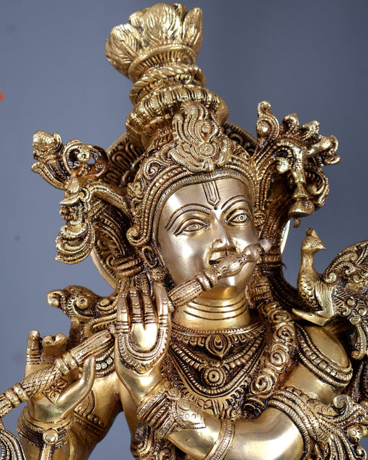 Brass Superfine Krishna Statue - 30" enhanced carvings - Budhshiv.com