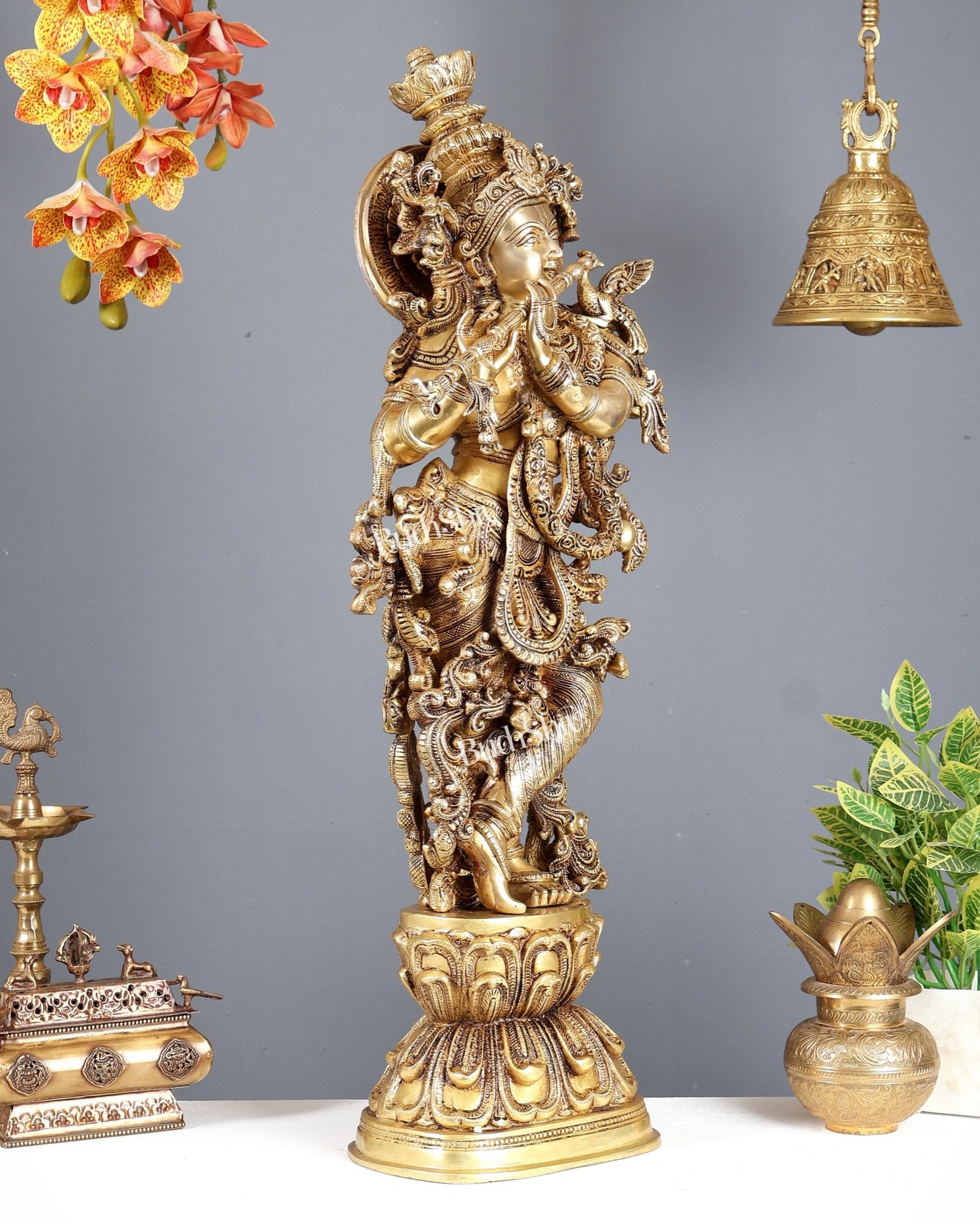 Brass Superfine Krishna Statue - 30" enhanced carvings - Budhshiv.com