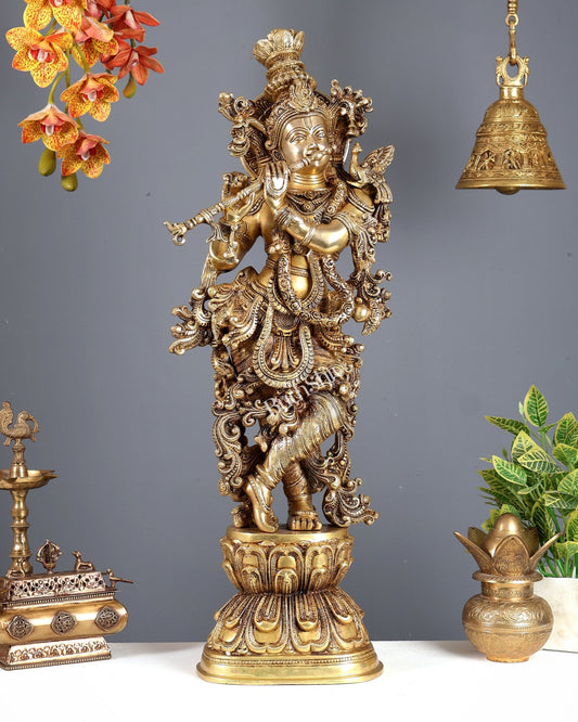 Brass Superfine Krishna Statue - 30" enhanced carvings - Budhshiv.com