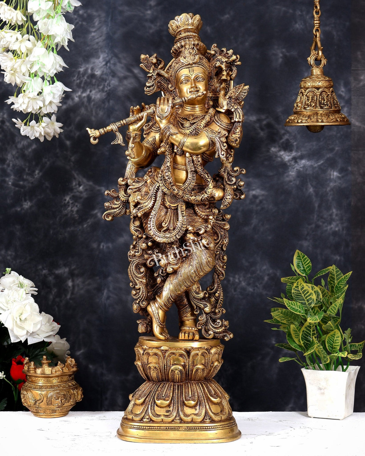 Brass Superfine Krishna Statue - 30" Original enhanced carvings - Budhshiv.com