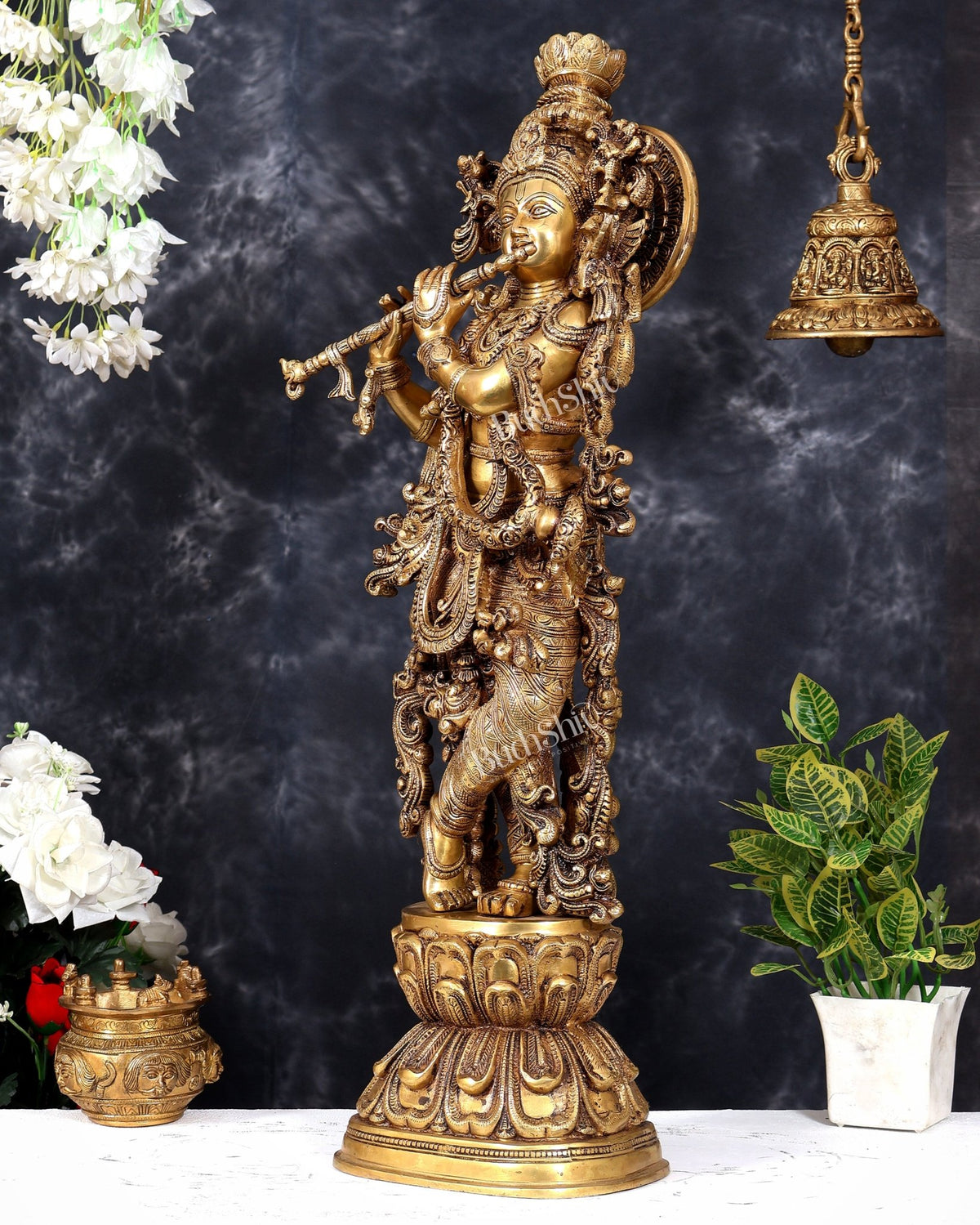 Brass Superfine Krishna Statue - 30" Original enhanced carvings - Budhshiv.com