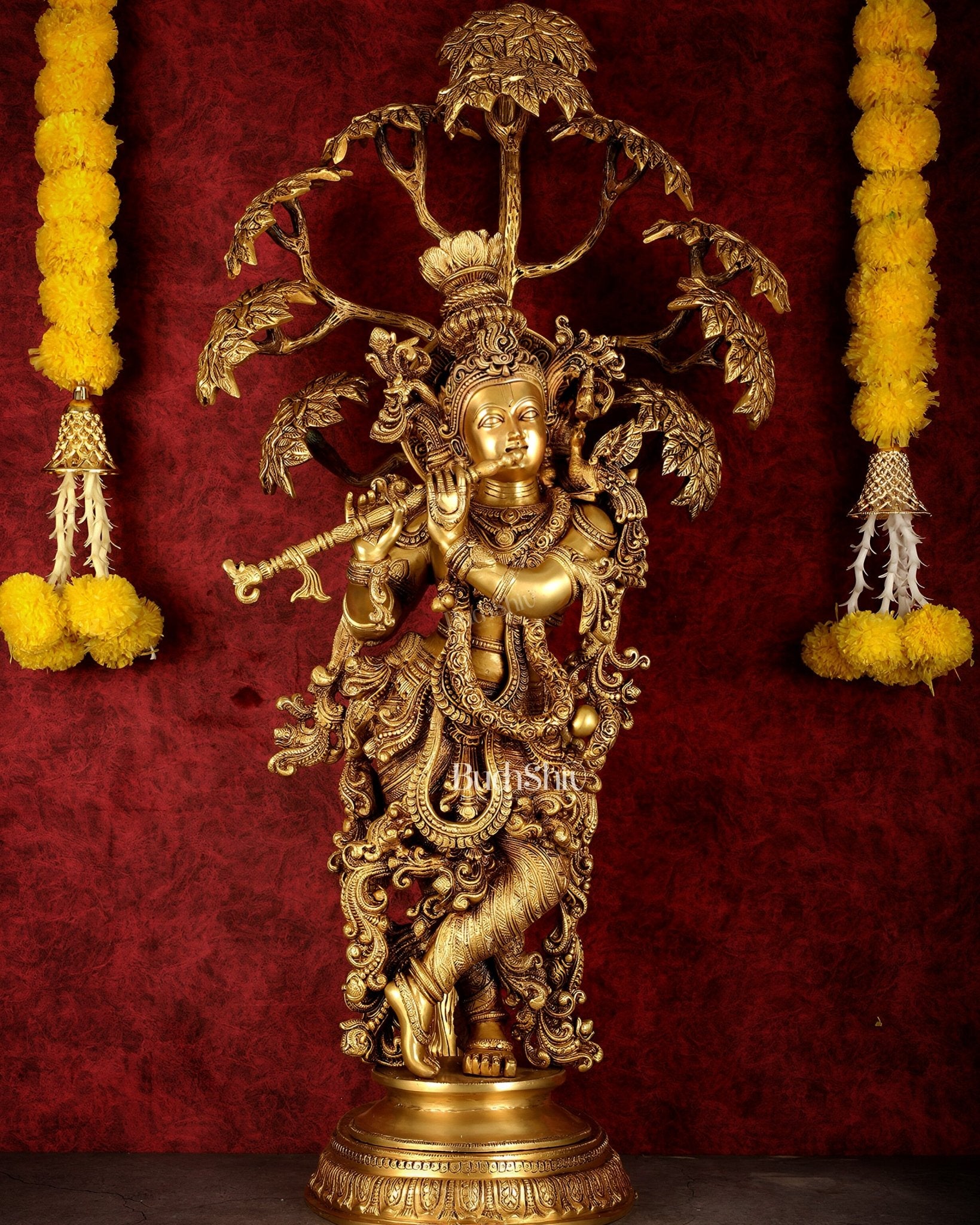 Brass Superfine Krishna under tree statue 35" - Budhshiv.com