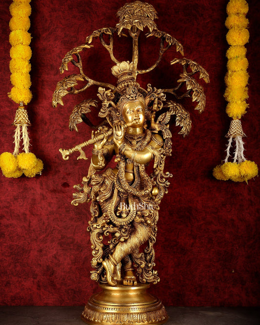 Brass Superfine Krishna under tree statue 35" - Budhshiv.com