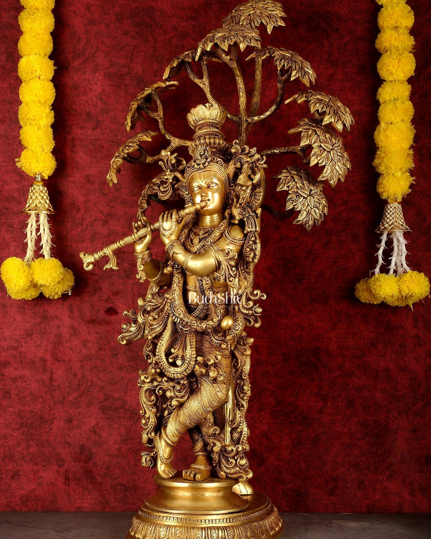 Brass Superfine Krishna under tree statue 35" - Budhshiv.com