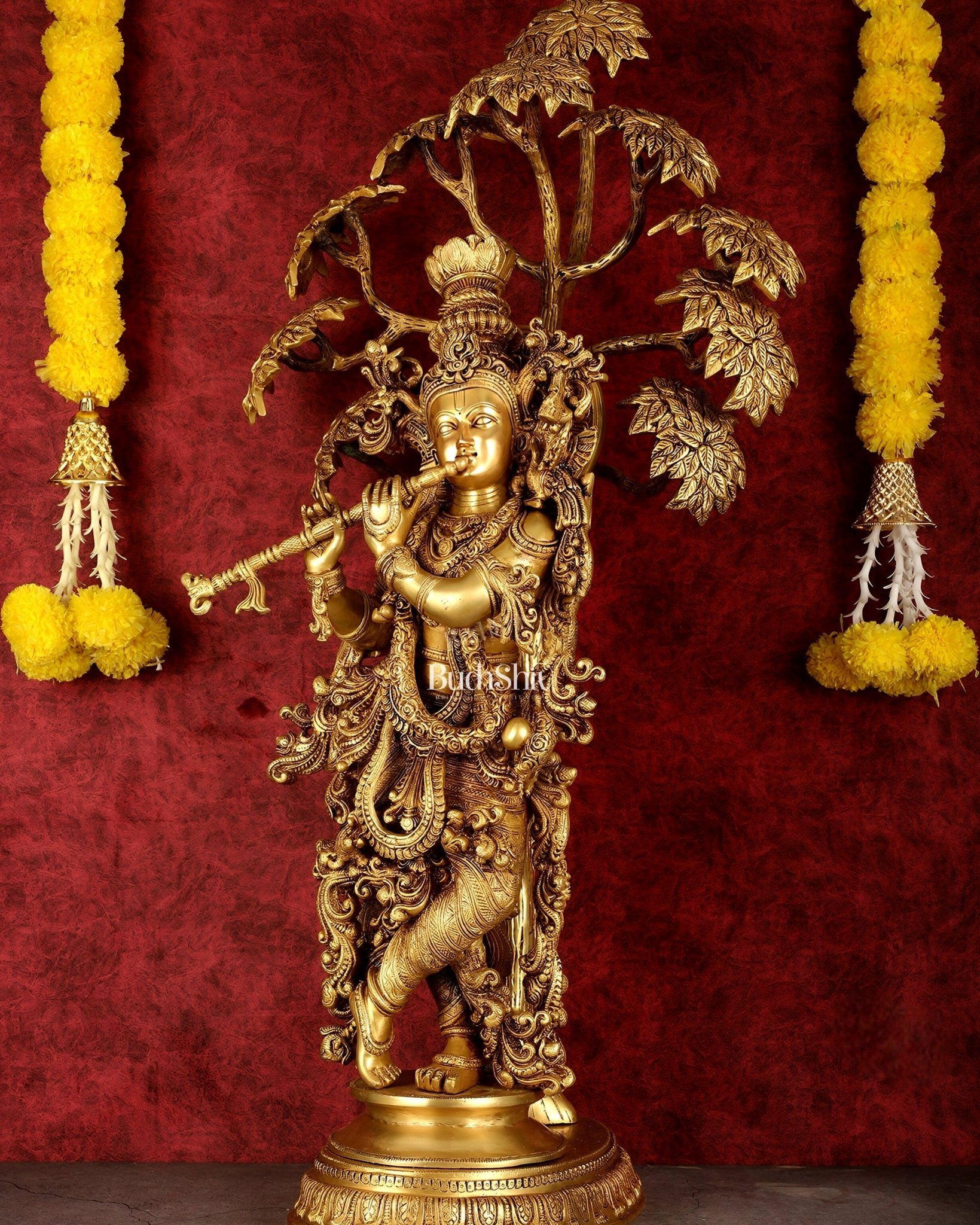 Brass Superfine Krishna under tree statue 35" - Budhshiv.com
