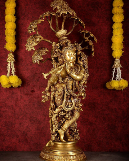 Brass Superfine Krishna under tree statue 35" - Budhshiv.com