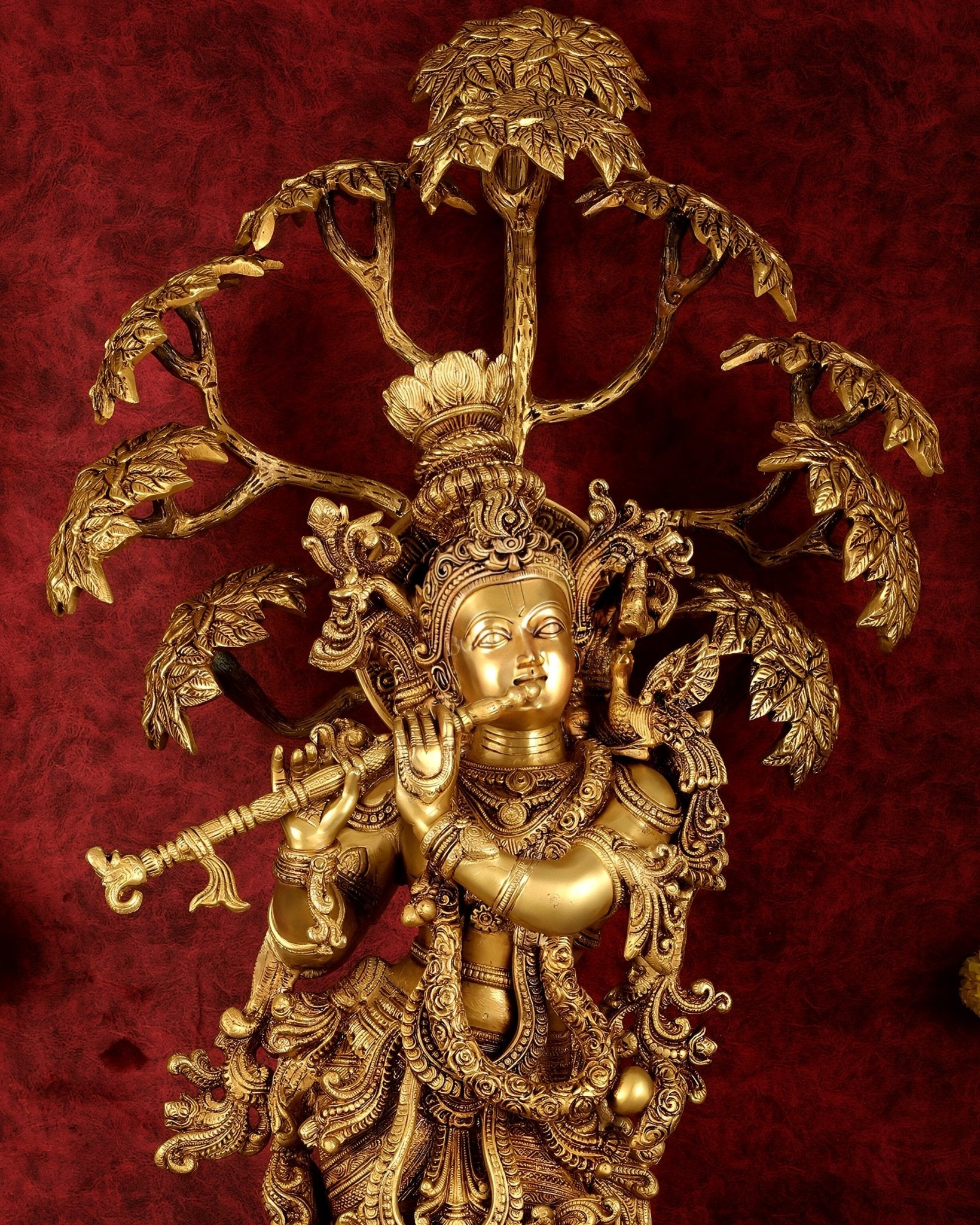 Brass Superfine Krishna under tree statue 35" - Budhshiv.com