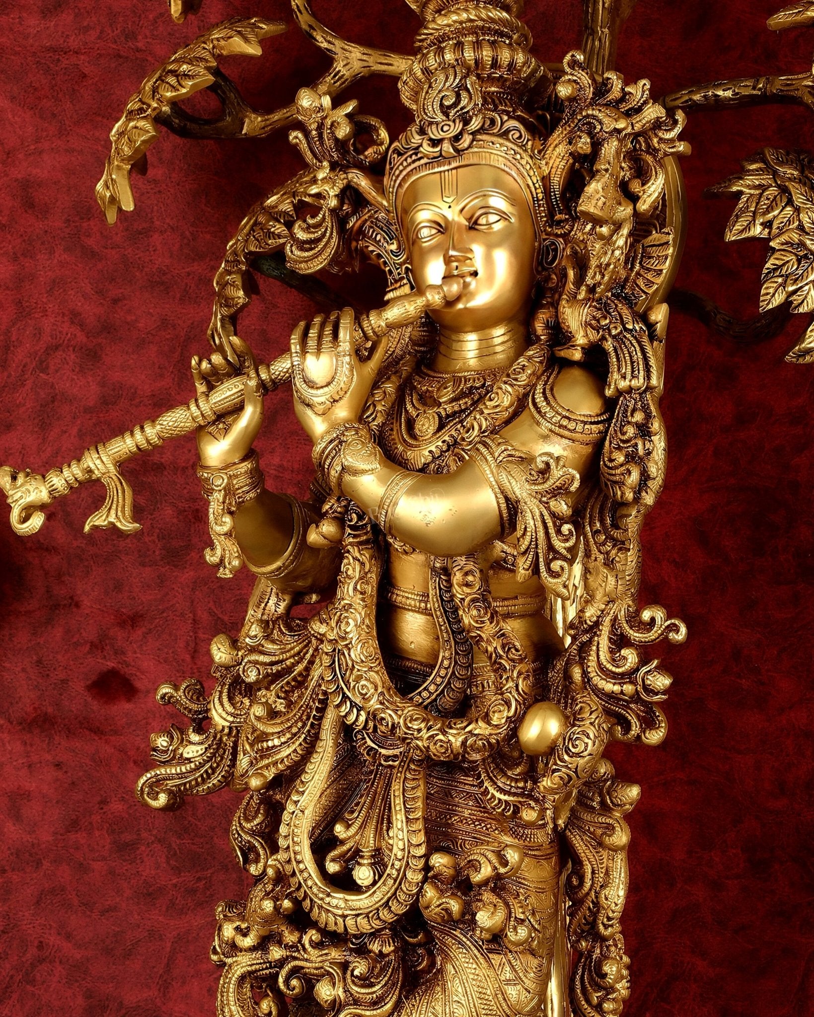Brass Superfine Krishna under tree statue 35" - Budhshiv.com