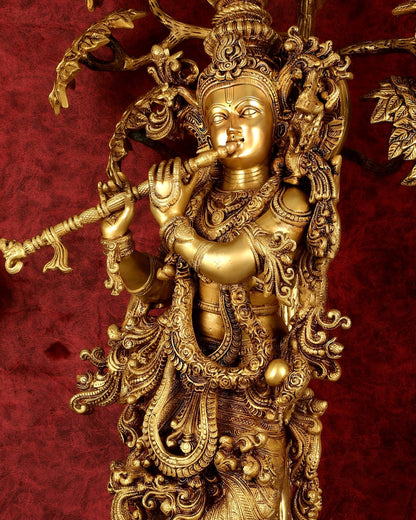 Brass Superfine Krishna under tree statue 35" - Budhshiv.com
