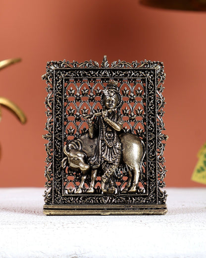 Brass Superfine Krishna with Cow Car Dashboard Idol – Divine Miniature Statue (3 Inches) - Budhshiv.com